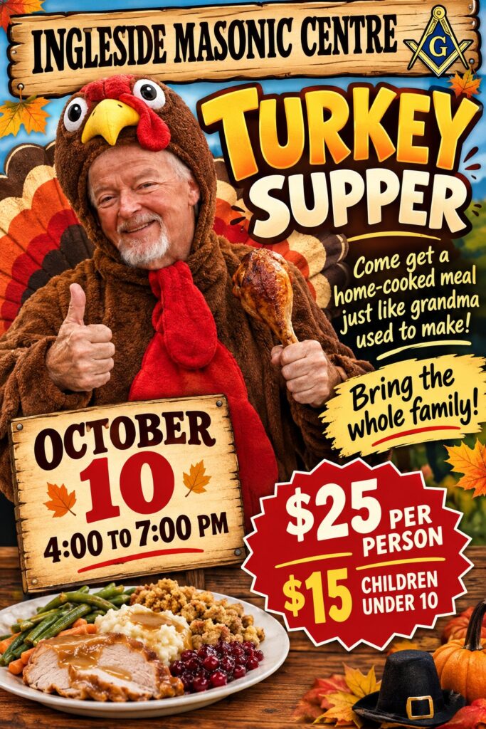 Turkey Supper at the Ingleside Masonic Centre, October 10, 4:00 to 7:00 PM, $25 per person, $15 children under 10