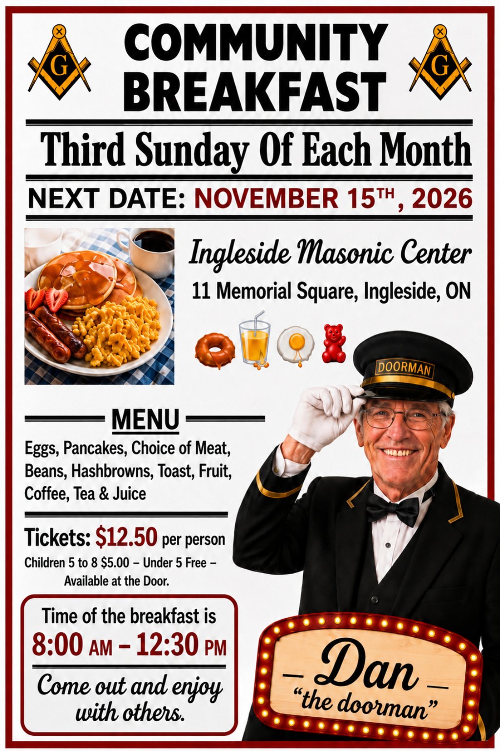 Community Breakfast at the Ingleside Masonic Centre on the third Sunday of each month, next date November 15, 2026, 8:00 am to 12:30 pm, tickets $12.50, with Dan the doorman