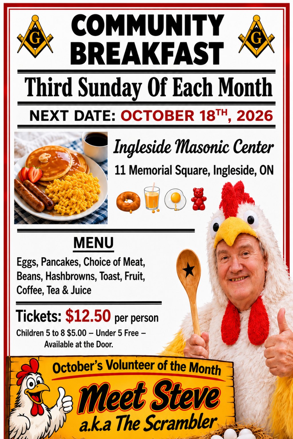 Community Breakfast at the Ingleside Masonic Centre on the third Sunday of each month, next date October 18, 2026, tickets $12.50, with October volunteer of the month Steve, a.k.a. The Scrambler